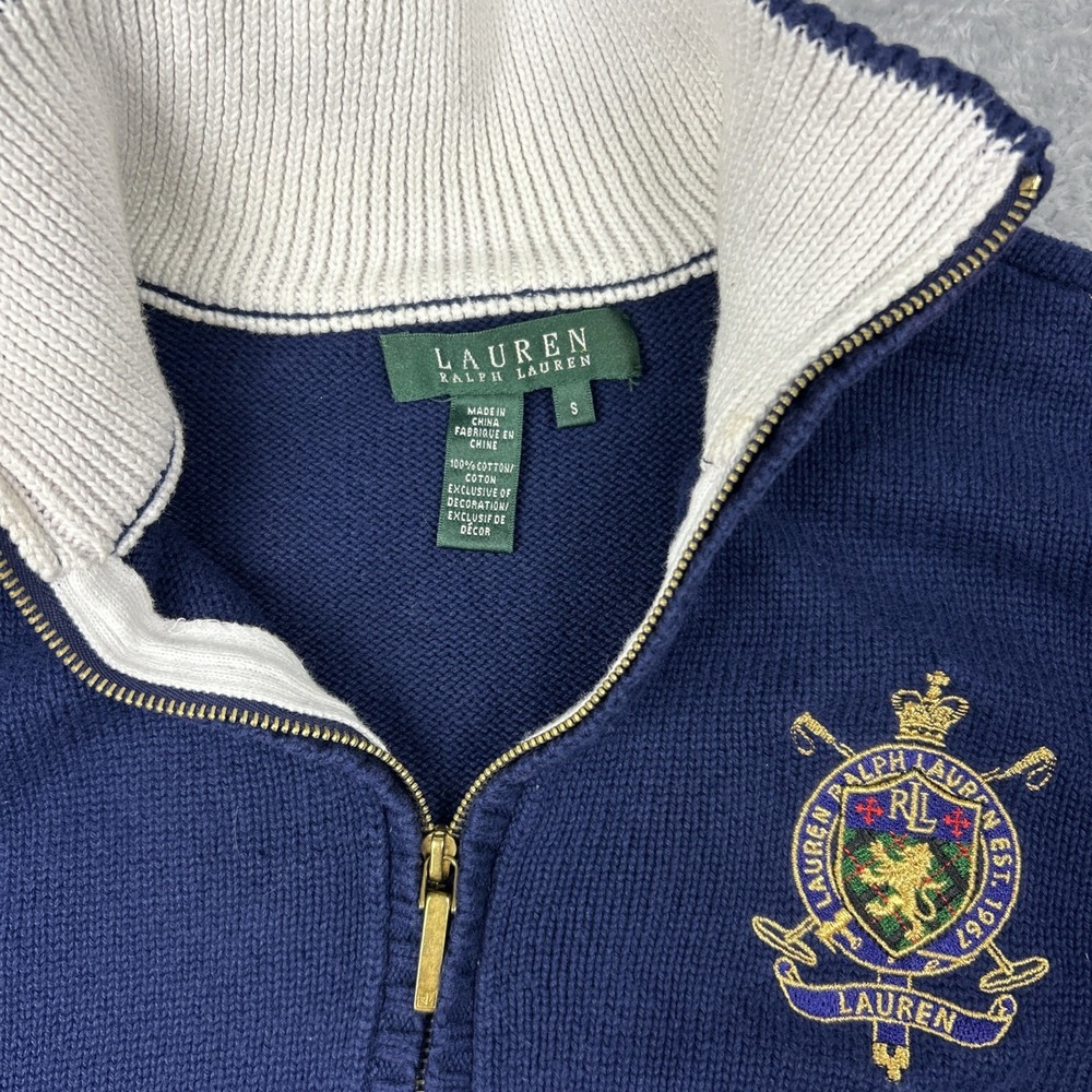 Lauren Ralph Lauren Gold Crown Crest 1/4 Zip Mock Neck Navy Sweater Womens XS - Picture 2 of 5